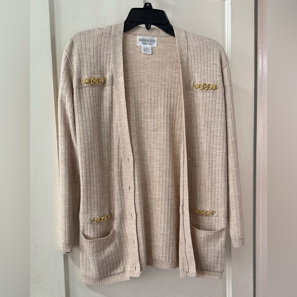 Adolfo Beige Cardigan with Gold Accents